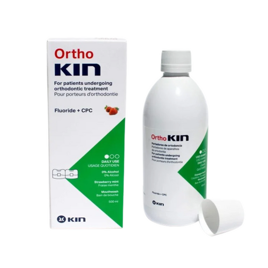 Kin Ortho Kin bain de bouche 500 ml sans alcool fraise menthe pour orthodontie, chlorhexidine 0,06 %, zinc, fluor 226 ppm | parapharmacie Tunisie | laparadulac.com