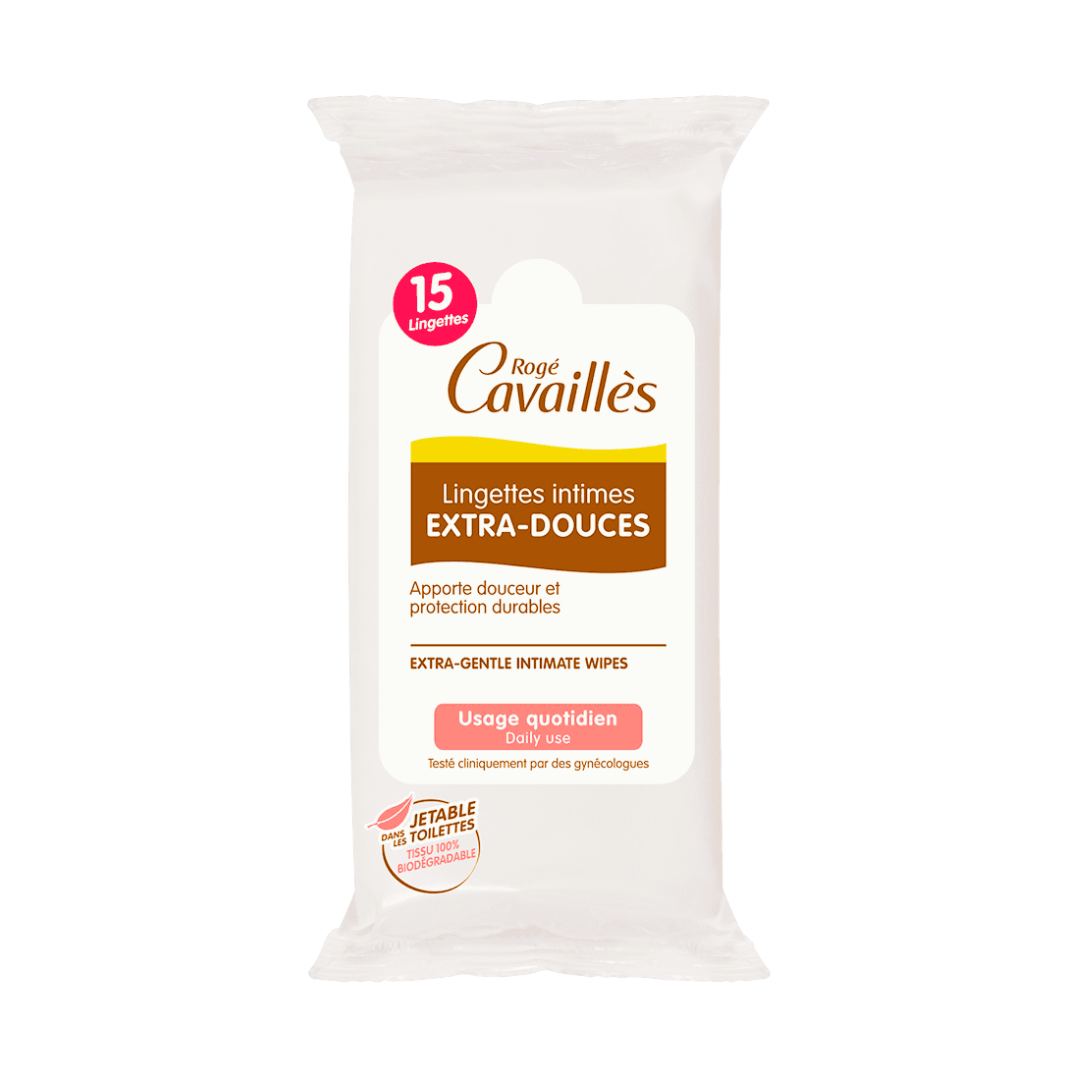 Lingettes intimes Rogé Cavaillès sécheresse 15 pièces sur laparadulac.com, parapharmacie Tunisie, hygiène douce et hydratation longue durée.