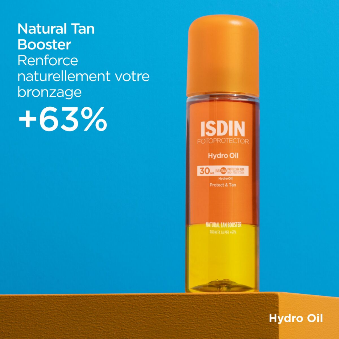 Fotoprotector ISDIN Hydro Oil SPF 30 – huile solaire biphasée pour corps, hydratante et bronzante, en vente chez Laparadulac Parapharmacie Tunisie.