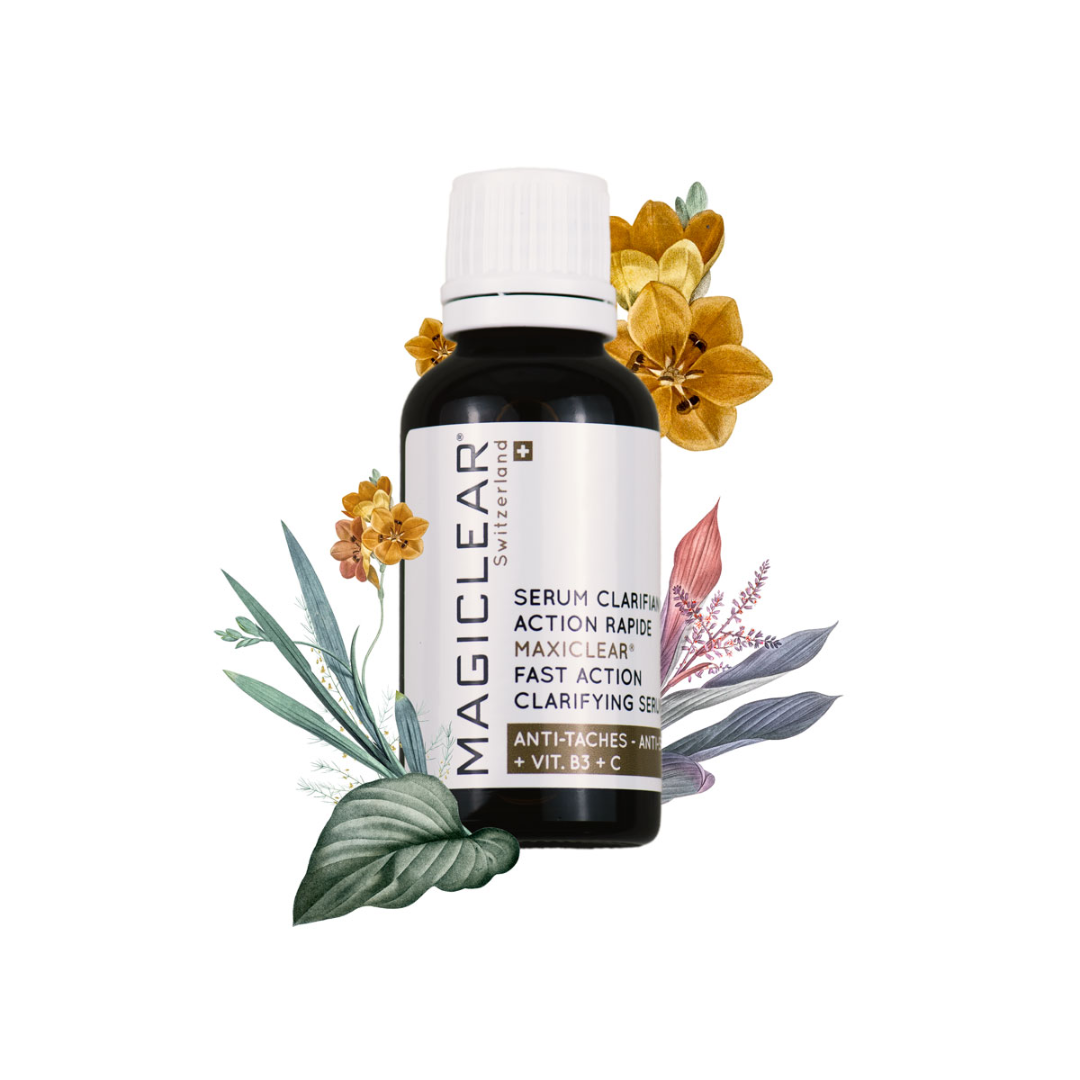“MAGICLEAR Sérum Clarifiant Action Rapide 30ml – Sérum intensif anti-taches et anti-âge conçu pour unifier et illuminer le teint. Formulé pour augmenter la régénération cellulaire, éliminer les cellules pigmentées et stimuler la synthèse du collagène. Enrichi en vitamines B3 et C, extraits de thé vert, mûrier blanc et réglisse pour des effets antioxydants, anti-inflammatoires et purifiants. Appliquer matin et soir sur une peau nettoyée. Disponible sur laparadulac.com, parapharmacie en ligne en Tunisie.”