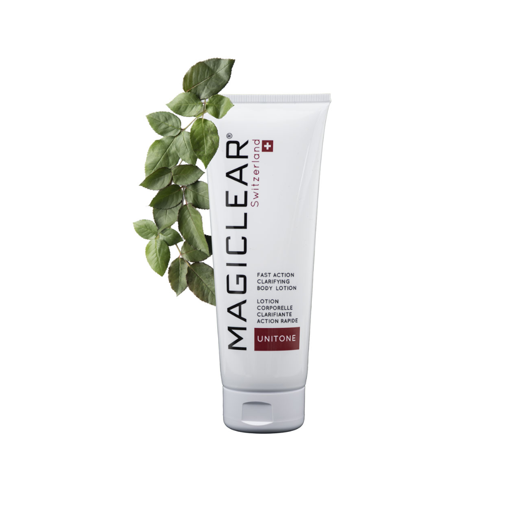 “MAGICLEAR Lotion Corporelle Clarifiante Action Rapide 250ml - Lotion éclaircissante pour réduire la pigmentation de la peau, enrichie en acides salicylique et octadécènedioïque, vitamines B3 et C, extraits de réglisse et beurre de karité. Disponible sur laparadulac.com, parapharmacie en ligne en Tunisie.”