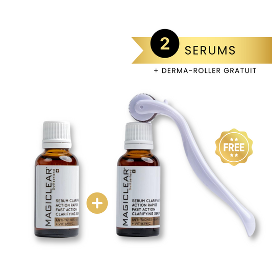 MAGICLEAR ® Duo Sérum + Derma-Roller Gratuit – Soin intensif anti-taches et éclat pour une peau lisse, lumineuse et uniforme. Ce pack combine un sérum puissant éclaircissant et un derma-roller pour stimuler le renouvellement cellulaire. Disponible sur La Para du Lac, votre meilleure parapharmacie en Tunisie, avec livraison rapide à Tunis et partout en Tunisie. Idéal pour une routine anti-imperfections, anti-taches et hydratation profonde. Commandez maintenant au meilleur prix !