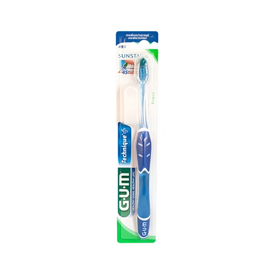 Brosse à dents GUM Technique Compact Medium 493, laparadulac.com, parapharmacie Tunisie, manche Quad-Grip 45°, coupe en dôme, hygiène bucco-dentaire