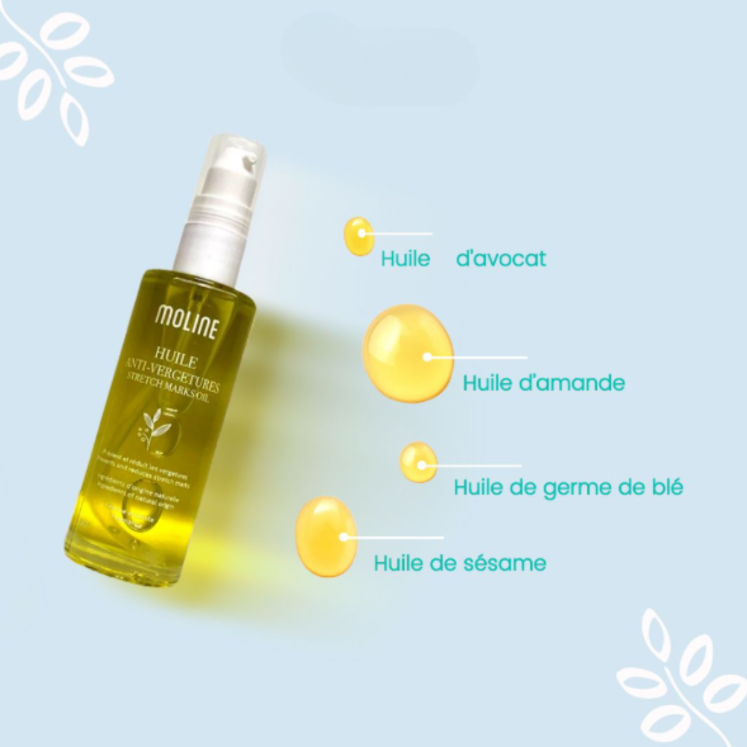 Huile Anti-Vergeture Moline 50ml disponible sur laparadulac.com, parapharmacie Tunisie : soin naturel pour prévenir et atténuer les vergetures.