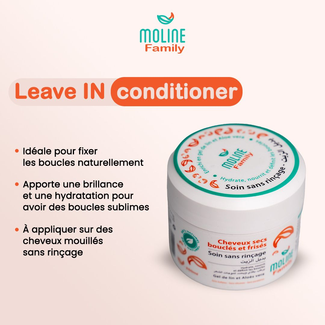Moline Family Soin Sans Rinçage 250ml sur laparadulac.com, parapharmacie Tunisie : soin hydratant pour cheveux bouclés, aloe vera et huiles naturelles.