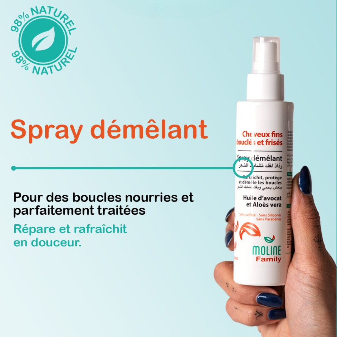 Moline Spray Démêlant 150ml sur laparadulac.com, parapharmacie Tunisie : soin capillaire naturel sans rinçage pour cheveux doux et démêlés.