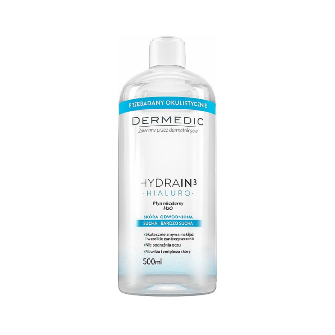 Eau micellaire Hydrain 3 Dermedic 500ml en vente sur laparadulac.com, parapharmacie Tunisie – soin doux et hydratant visage.