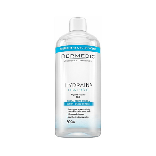 Eau micellaire Hydrain 3 Dermedic 500ml en vente sur laparadulac.com, parapharmacie Tunisie – soin doux et hydratant visage.