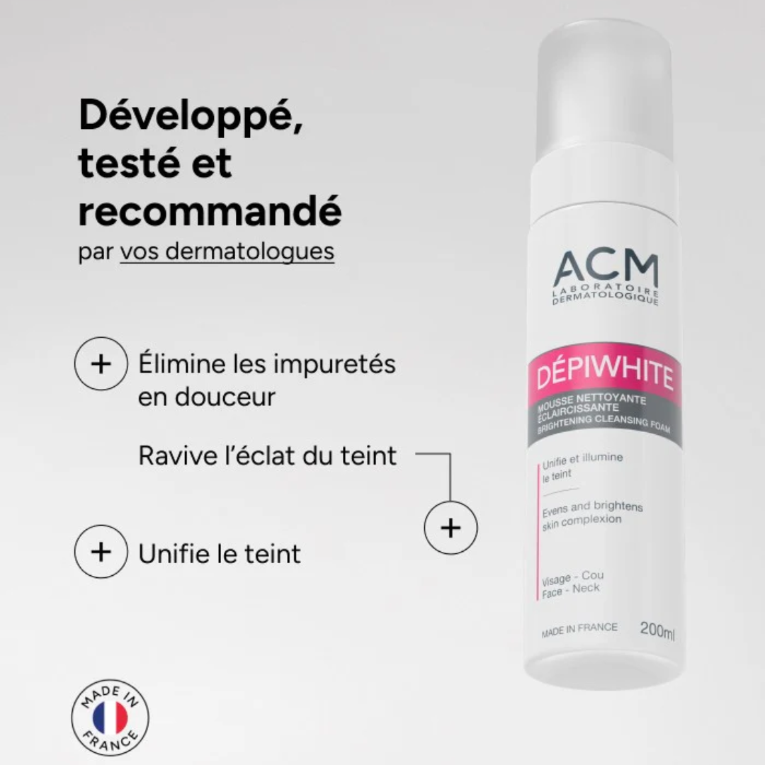 "ACM Dépiwhite mousse nettoyante 200 ml sur laparadulac.com, parapharmacie Tunisie, soin éclaircissant pour un nettoyage doux et efficace du visage."