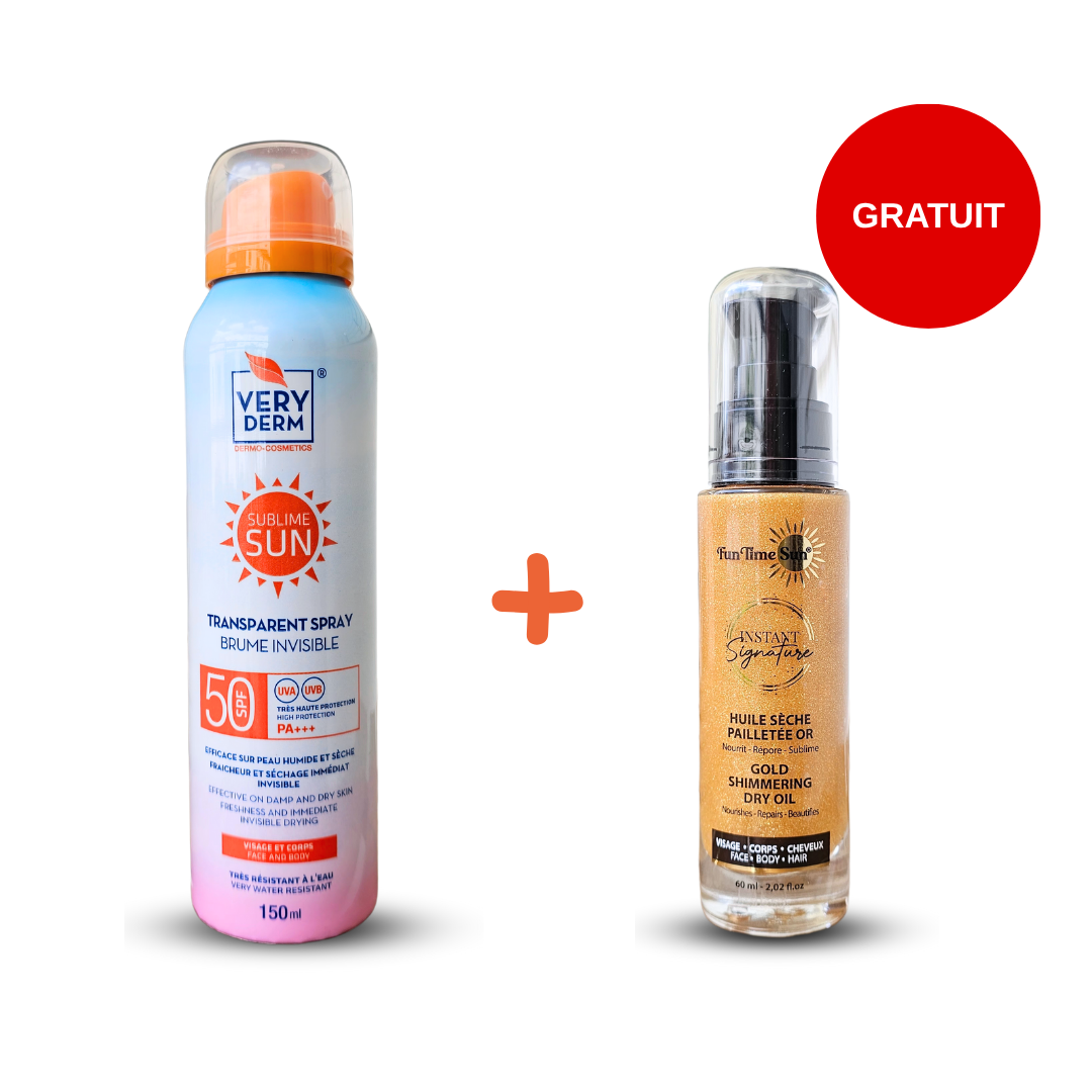 Découvrez le pack solaire Very Derm sur laparadulac.com, votre référence en parapharmacie Tunisie. Profitez d’une brume transparente SPF50+ pour visage et corps, accompagnée d’une huile offerte au choix : Monoï, Or ou Bronze. Un duo estival parfait pour protéger, hydrater et sublimer votre peau tout l'été.