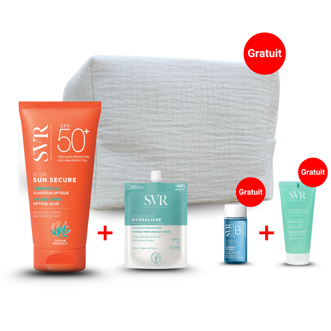 Pack SVR SUN SECURE Blur SPF50+ + Hydraline Crème + 3 cadeaux exclusifs. Sur laparadulac.com, meilleure parapharmacie en Tunisie & en ligne pas chère.