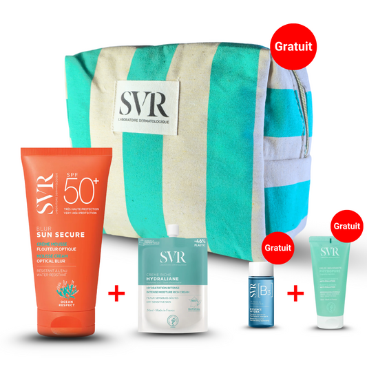 Pack SVR SUN SECURE Blur SPF50+ + Hydraline Crème + 3 cadeaux exclusifs. Sur laparadulac.com, meilleure parapharmacie en Tunisie & en ligne pas chère.