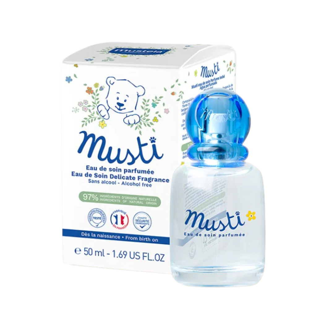 Musti Eau de soin Mustela 50ml – parfum bébé sans alcool sur laparadulac.com, parapharmacie Tunisie.