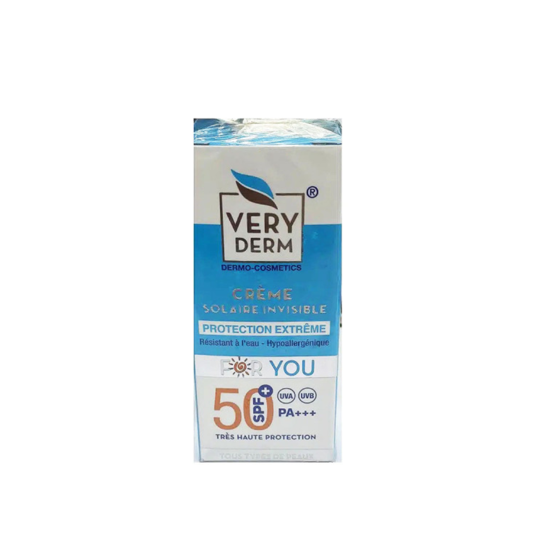 Very Derm Crème solaire SPF50+ invisible 50 ml – protection solaire visage hydratante, en vente sur laparadulac.com, parapharmacie Tunisie.