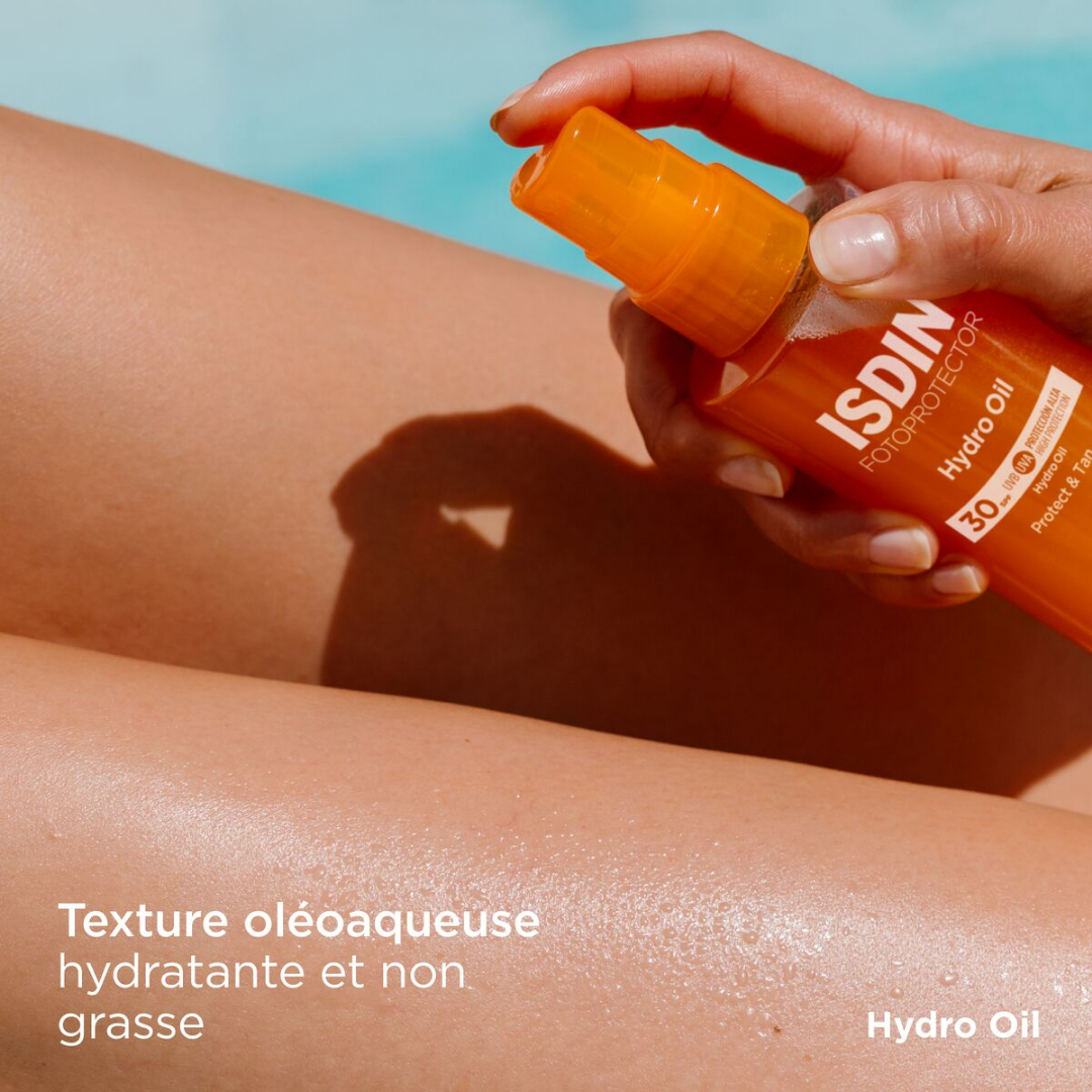 Fotoprotector ISDIN Hydro Oil SPF 30 – huile solaire biphasée pour corps, hydratante et bronzante, en vente chez Laparadulac Parapharmacie Tunisie.
