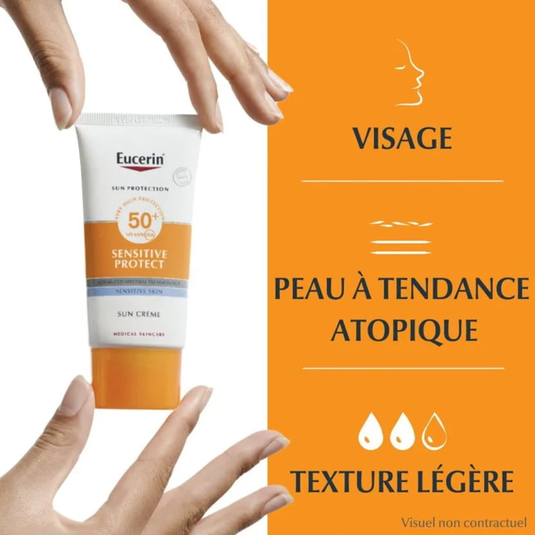 EUCERIN Sun Protection Sensitive Protect Crème SPF50+ Tunisie – crème solaire visage haute protection UVA/UVB, soin protecteur peau sensible et sujette aux allergies solaires, dermocosmétique Eucerin, parapharmacie en ligne Tunisie Lac 2, produits EUCERIN originaux pas cher Tunisie, acheter crème solaire Eucerin SPF50+ en Tunisie sur laparadulac.com