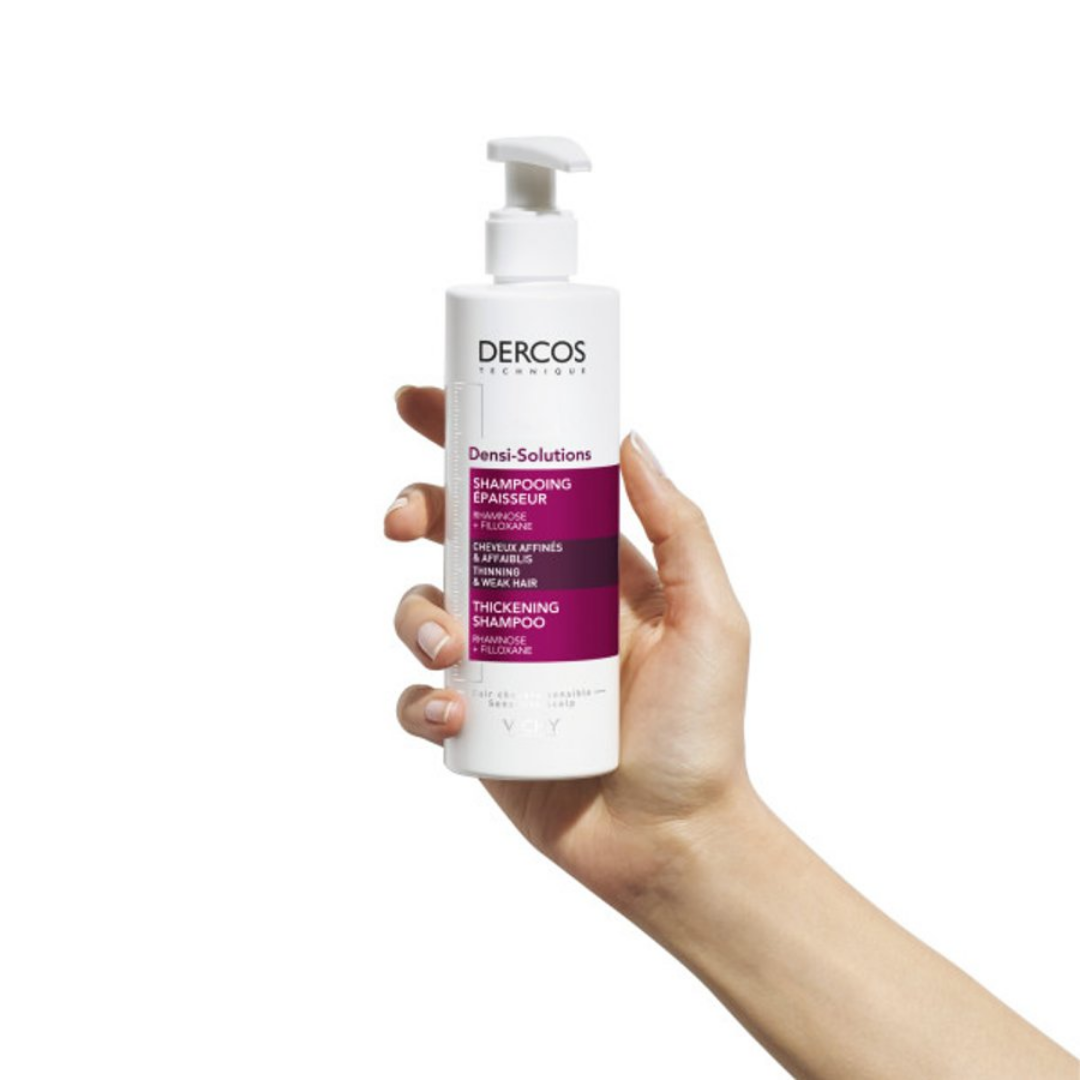 Shampooing densifiant Vichy Dercos Densi-Solutions pour cuir chevelu et cheveux fins.