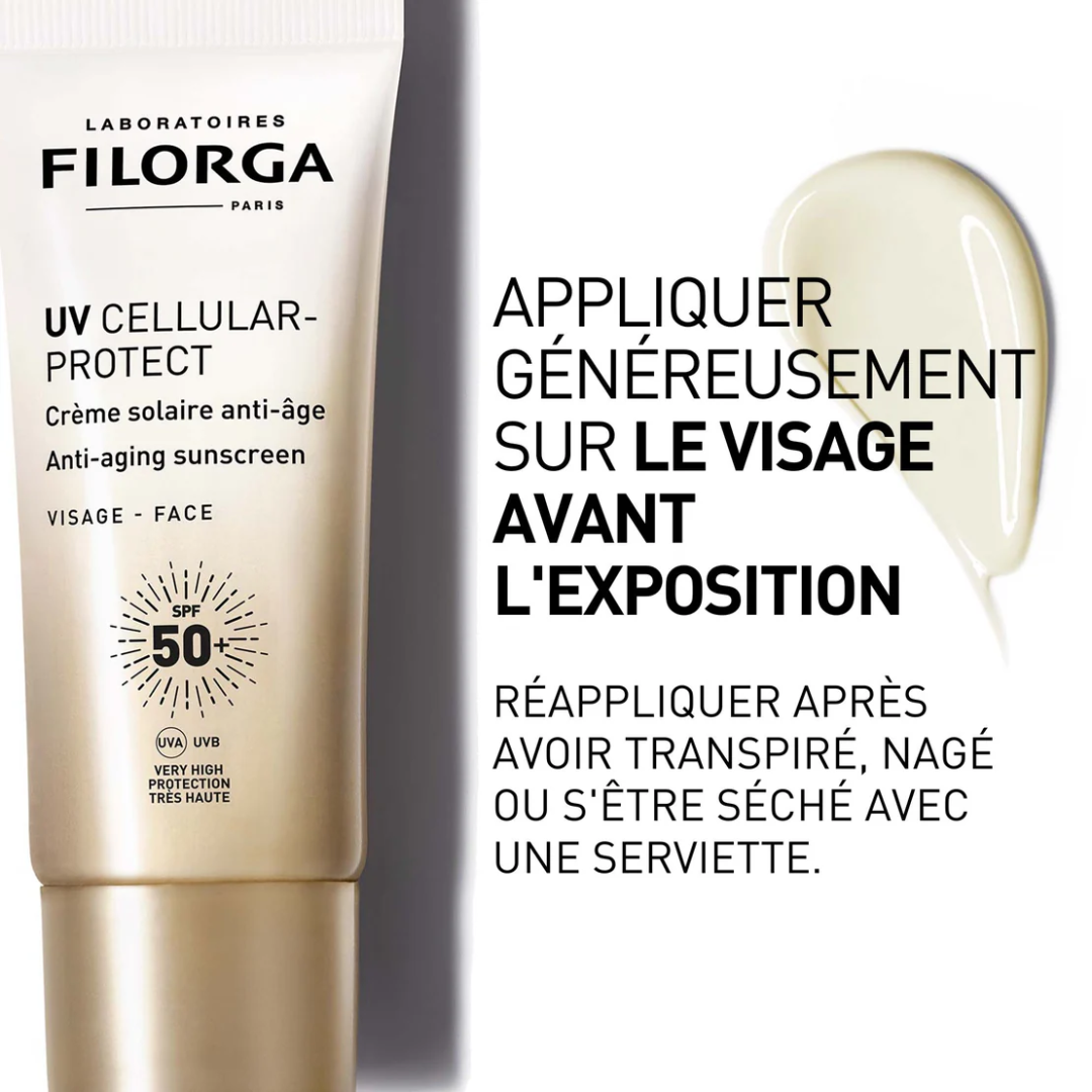 FILORGA UV Cellular Protect Visage SPF50+ Tunisie – crème solaire anti-âge visage, soin haute protection UVA/UVB et antioxydant, cosmétique française haut de gamme FILORGA, parapharmacie en ligne Tunisie Lac 2, produits solaires FILORGA originaux pas cher Tunisie, acheter FILORGA UV Cellular Protect SPF50+ en Tunisie sur laparadulac.com