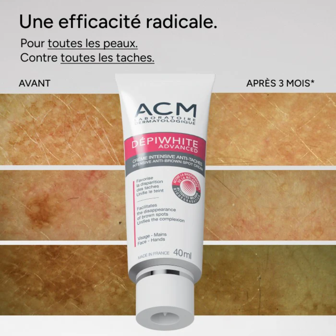 "ACM Depiwhite Advanced crème intensive sur laparadulac.com, parapharmacie Tunisie, soin anti-taches brunes pour un teint unifié et éclatant."
