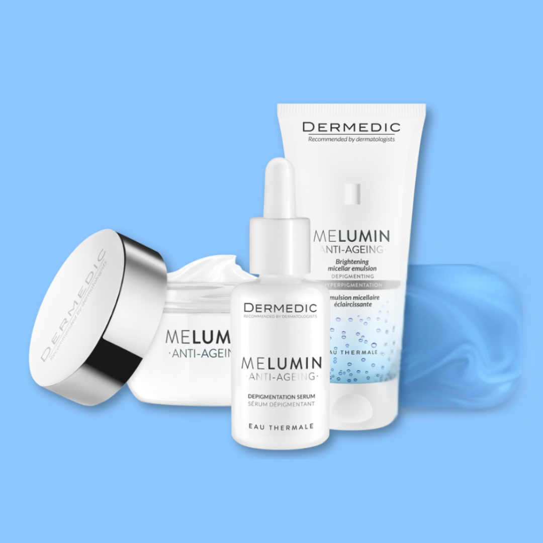 Coffret Dermedic Melumin anti-taches, 3 soins éclaircissants visage sur laparadulac.com, parapharmacie Tunisie.