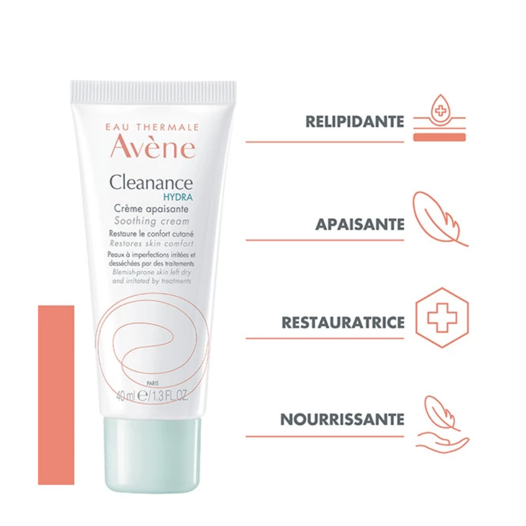 Avène Cleanance HYDRA Crème apaisante 40 ml – soin hydratant post‑traitement anti‑acné – laparadulac.com, parapharmacie Tunisie