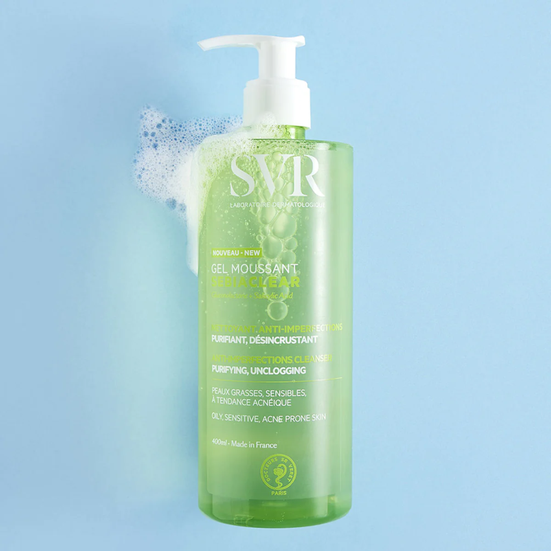 SVR SEBIACLEAR Gel Moussant – nettoyant visage purifiant pour peau grasse et acnéique, disponible sur laparadulac.com, parapharmacie en ligne tunisienne.