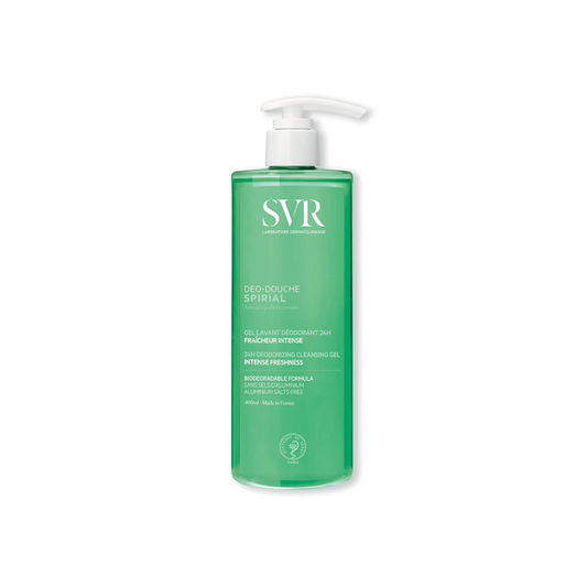 SVR Spirial Déo-Douche 400ml – Gel douche déodorant anti-odeurs pour peaux sensibles – Disponible sur La Para du Lac, parapharmacie en ligne N°1 en Tunisie.