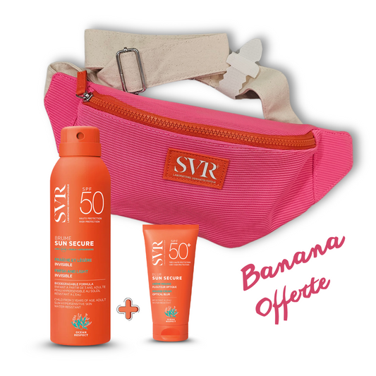 Coffret solaire SVR BANANA – Blur + Brume SPF50+ 200ml + trousse offerte. En vente sur laparadulac.com, parapharmacie Tunisie.