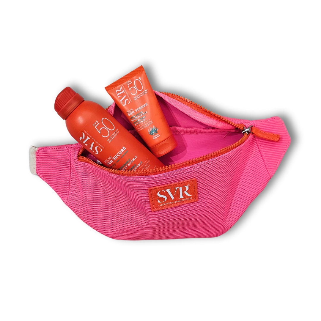 Coffret solaire SVR BANANA – Blur + Brume SPF50+ 200ml + trousse offerte. En vente sur laparadulac.com, parapharmacie Tunisie.