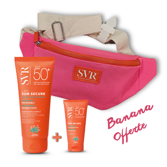 Coffret solaire SVR BANANA – Blur + Lait SPF50+ 250ml + trousse offerte. Exclu sur laparadulac.com, parapharmacie en Tunisie.