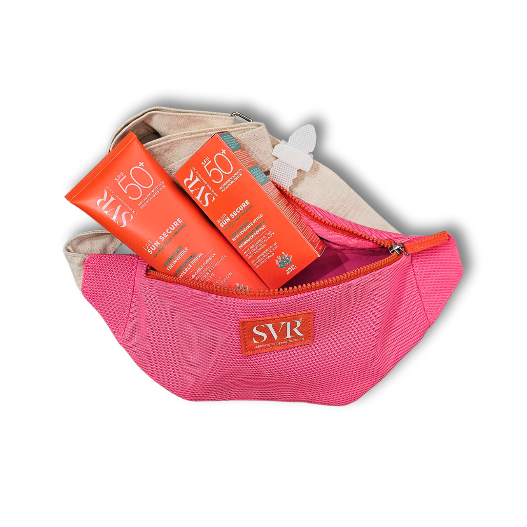 Coffret solaire SVR BANANA – Blur + Lait SPF50+ 250ml + trousse offerte. Exclu sur laparadulac.com, parapharmacie en Tunisie.