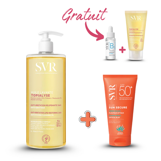 Photo du pack SVR complet disponible sur laparadulac.com : nettoyant 1L au choix (Topialyse gel ou huile lavante) + protection solaire SPF50+ SVR (Blur, teintée ou Sensifine AR) avec 2 cadeaux offerts. Vente parapharmacie en Tunisie, livraison express.