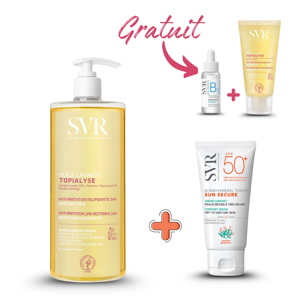 Photo du pack SVR complet disponible sur laparadulac.com : nettoyant 1L au choix (Topialyse gel ou huile lavante) + protection solaire SPF50+ SVR (Blur, teintée ou Sensifine AR) avec 2 cadeaux offerts. Vente parapharmacie en Tunisie, livraison express.