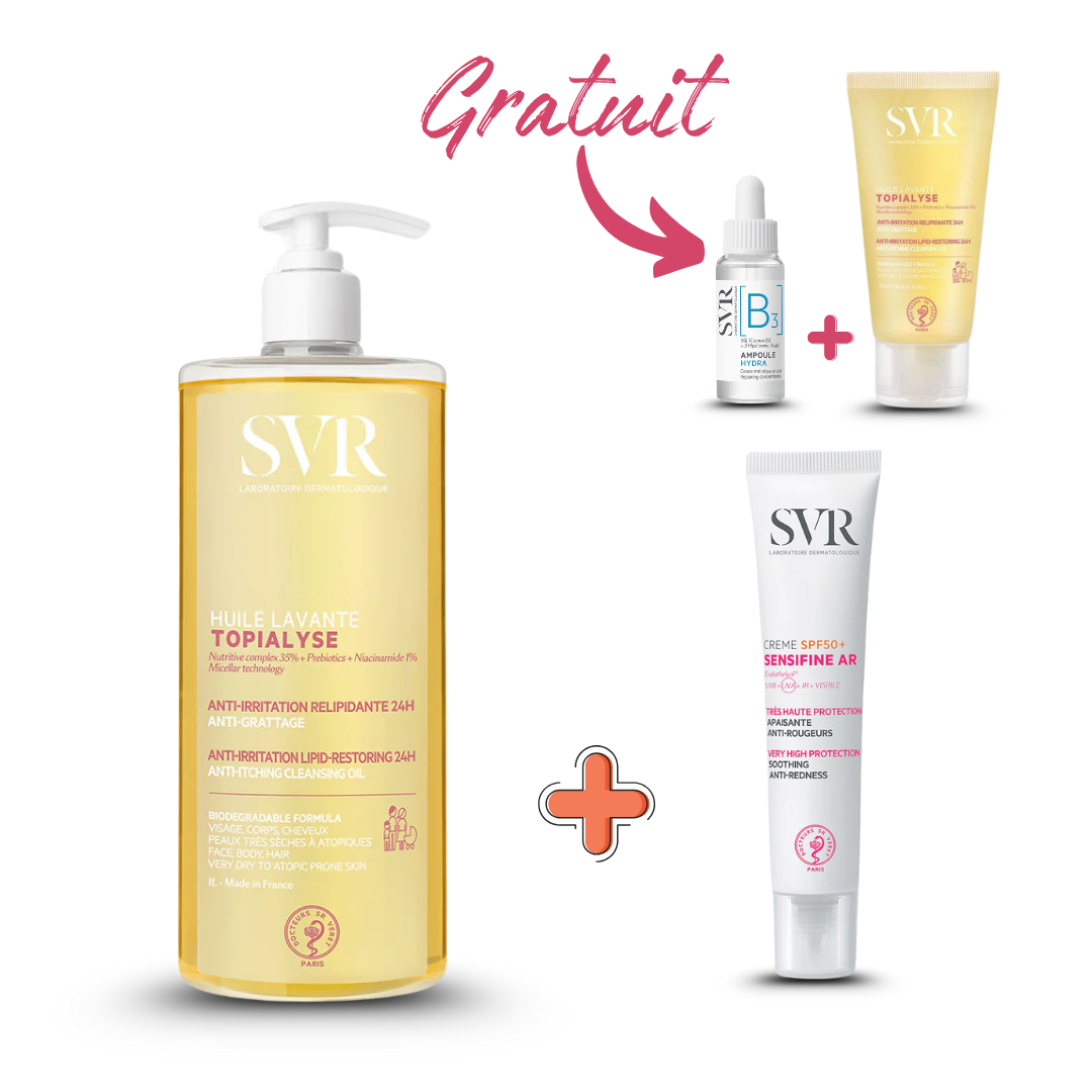Photo du pack SVR complet disponible sur laparadulac.com : nettoyant 1L au choix (Topialyse gel ou huile lavante) + protection solaire SPF50+ SVR (Blur, teintée ou Sensifine AR) avec 2 cadeaux offerts. Vente parapharmacie en Tunisie, livraison express.