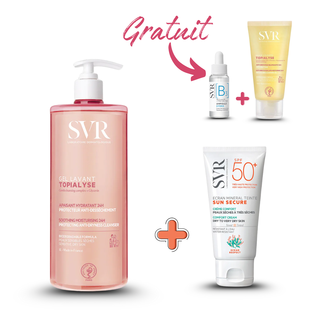 Photo du pack SVR complet disponible sur laparadulac.com : nettoyant 1L au choix (Topialyse gel ou huile lavante) + protection solaire SPF50+ SVR (Blur, teintée ou Sensifine AR) avec 2 cadeaux offerts. Vente parapharmacie en Tunisie, livraison express.