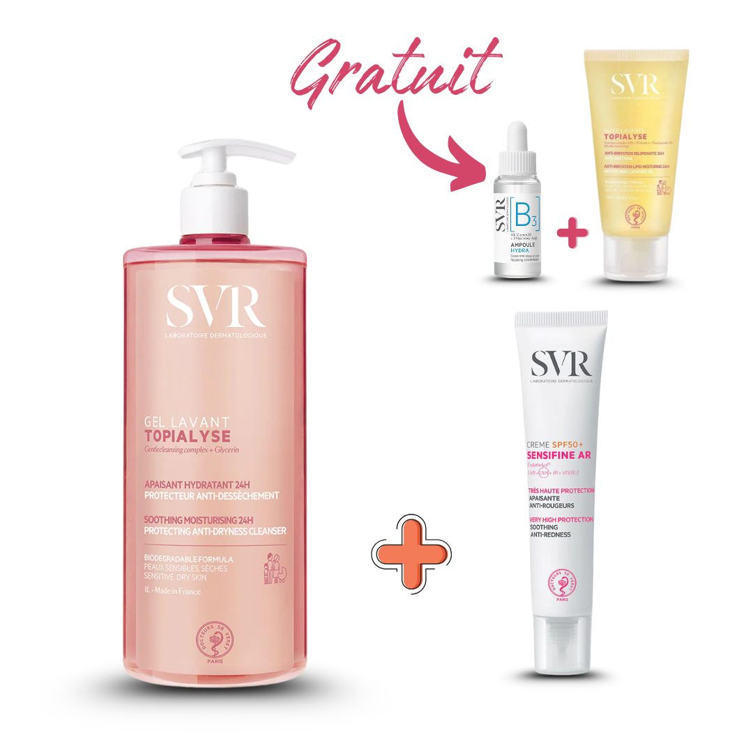 Photo du pack SVR complet disponible sur laparadulac.com : nettoyant 1L au choix (Topialyse gel ou huile lavante) + protection solaire SPF50+ SVR (Blur, teintée ou Sensifine AR) avec 2 cadeaux offerts. Vente parapharmacie en Tunisie, livraison express.