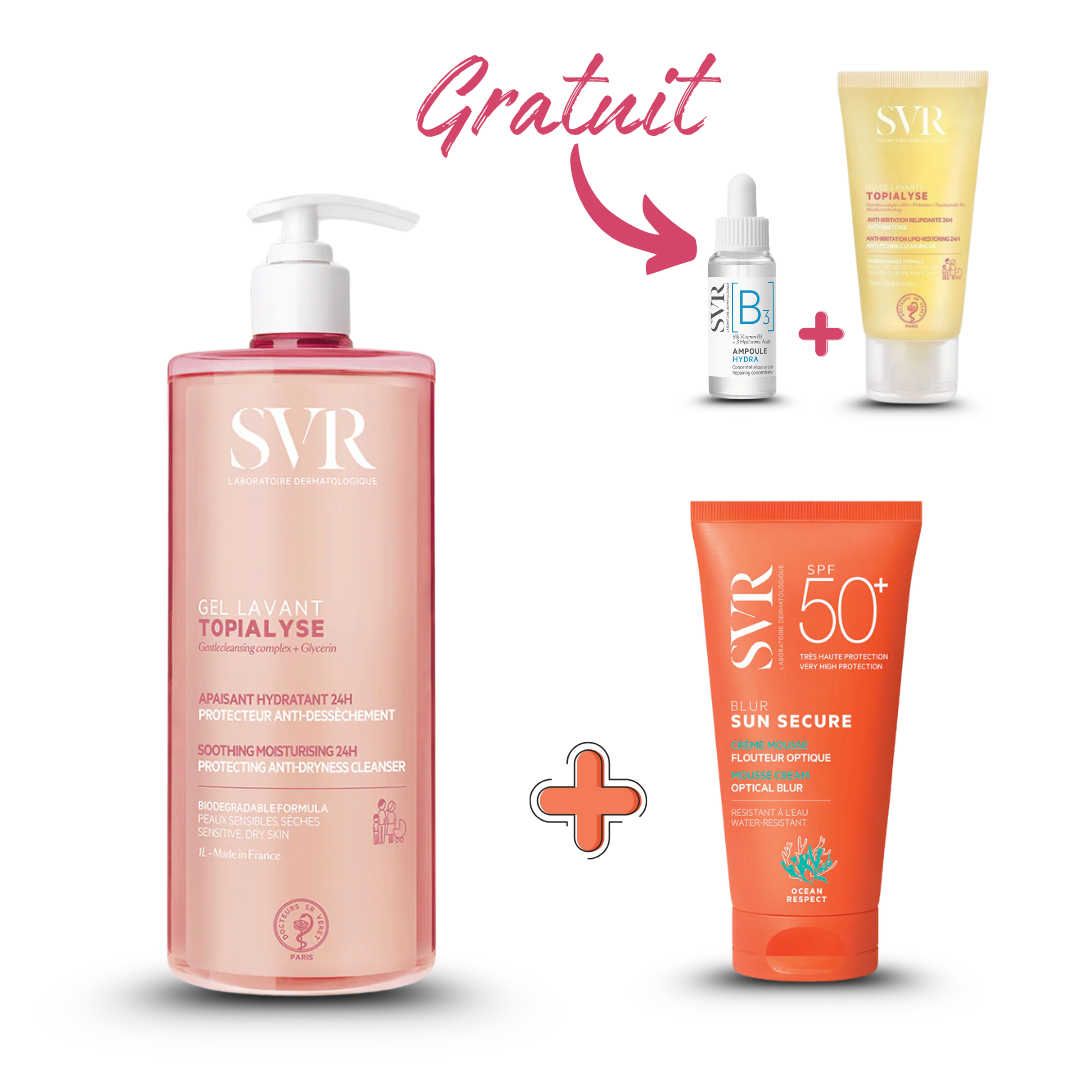Photo du pack SVR complet disponible sur laparadulac.com : nettoyant 1L au choix (Topialyse gel ou huile lavante) + protection solaire SPF50+ SVR (Blur, teintée ou Sensifine AR) avec 2 cadeaux offerts. Vente parapharmacie en Tunisie, livraison express.