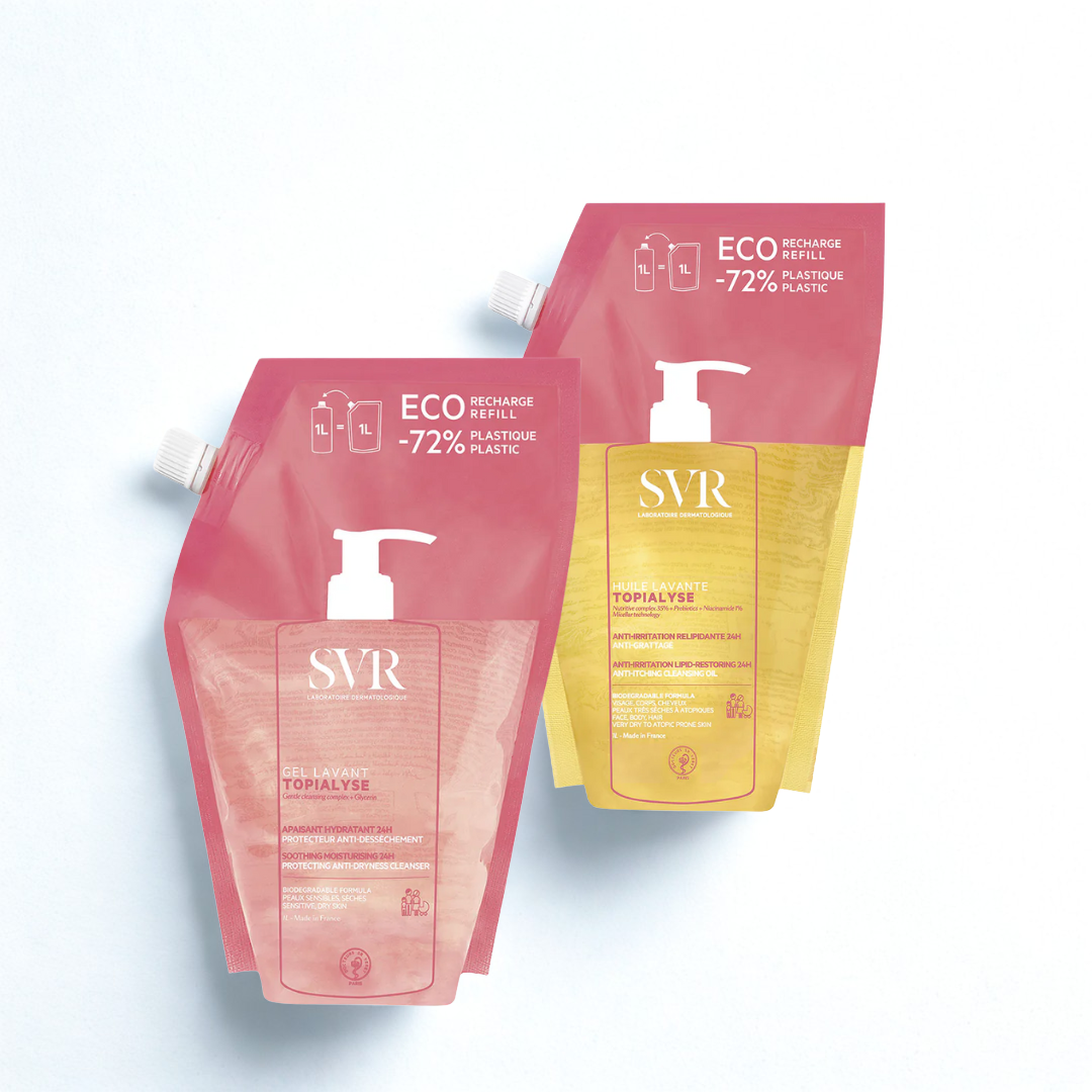 Photo du pack SVR complet disponible sur laparadulac.com : nettoyant 1L au choix (Topialyse gel ou huile lavante) + protection solaire SPF50+ SVR (Blur, teintée ou Sensifine AR) avec 2 cadeaux offerts. Vente parapharmacie en Tunisie, livraison express.