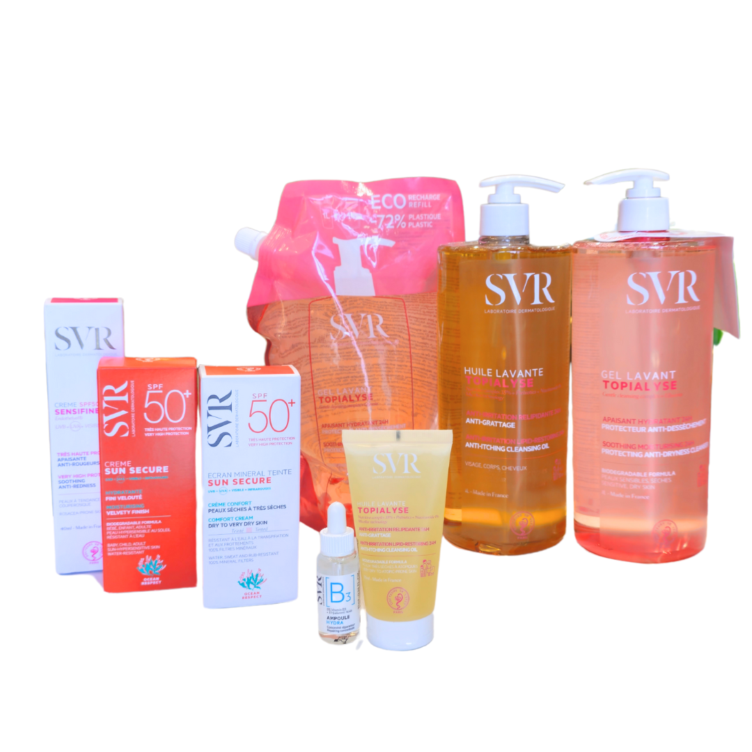 Photo du pack SVR complet disponible sur laparadulac.com : nettoyant 1L au choix (Topialyse gel ou huile lavante) + protection solaire SPF50+ SVR (Blur, teintée ou Sensifine AR) avec 2 cadeaux offerts. Vente parapharmacie en Tunisie, livraison express.