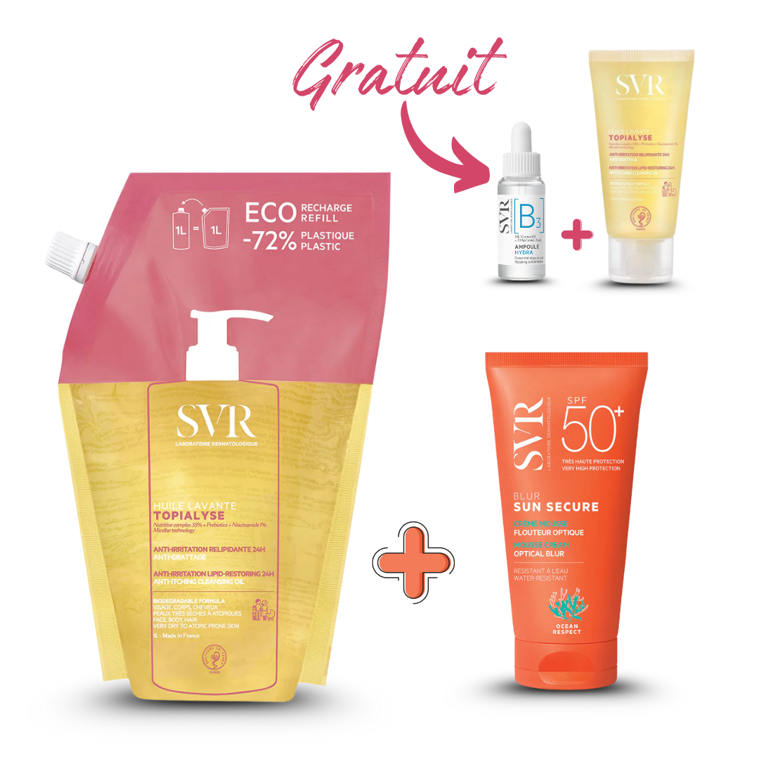 Photo du pack SVR complet disponible sur laparadulac.com : nettoyant 1L au choix (Topialyse gel ou huile lavante) + protection solaire SPF50+ SVR (Blur, teintée ou Sensifine AR) avec 2 cadeaux offerts. Vente parapharmacie en Tunisie, livraison express.