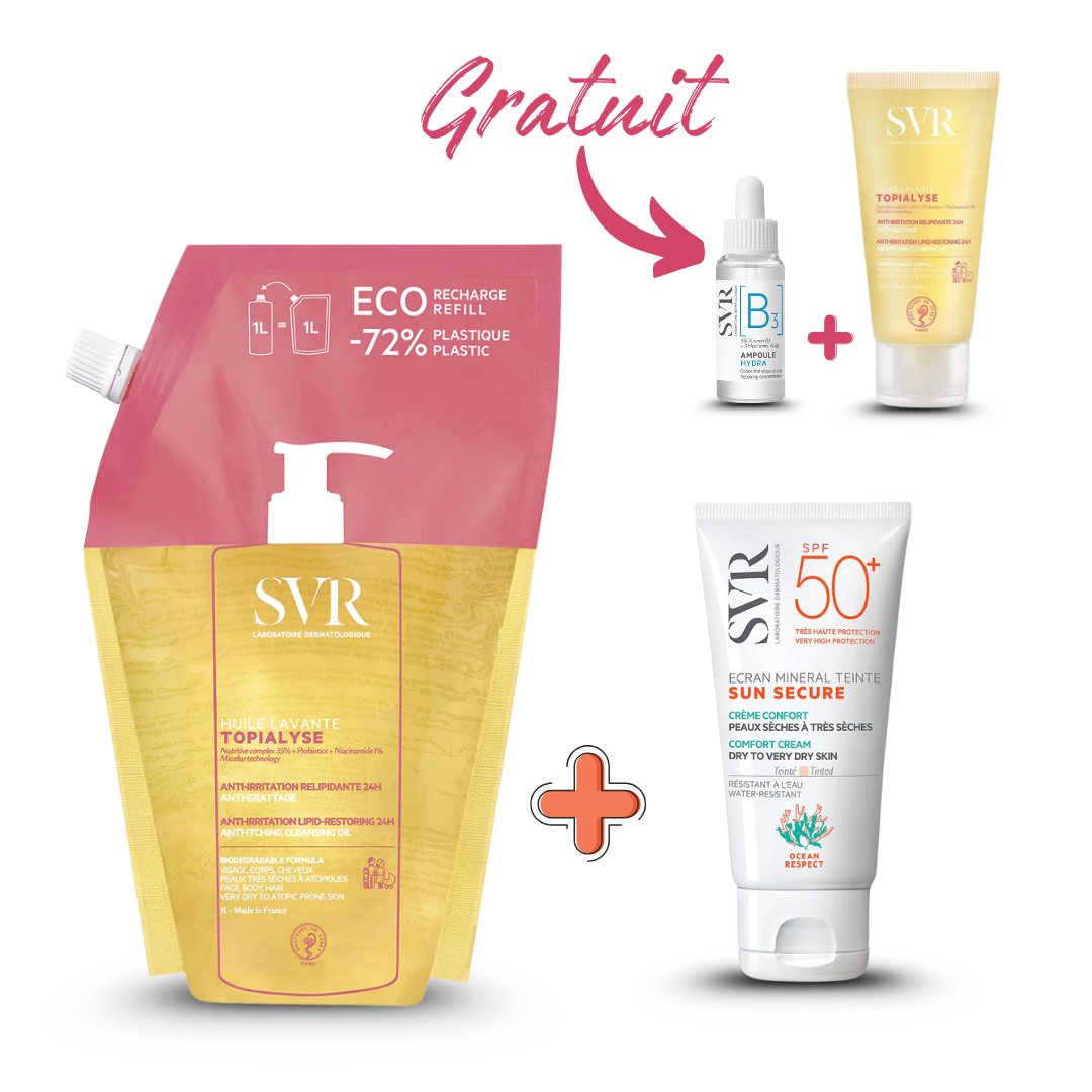 Photo du pack SVR complet disponible sur laparadulac.com : nettoyant 1L au choix (Topialyse gel ou huile lavante) + protection solaire SPF50+ SVR (Blur, teintée ou Sensifine AR) avec 2 cadeaux offerts. Vente parapharmacie en Tunisie, livraison express.