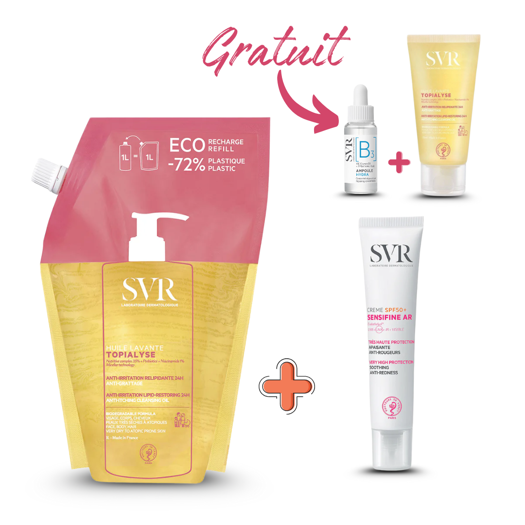 Photo du pack SVR complet disponible sur laparadulac.com : nettoyant 1L au choix (Topialyse gel ou huile lavante) + protection solaire SPF50+ SVR (Blur, teintée ou Sensifine AR) avec 2 cadeaux offerts. Vente parapharmacie en Tunisie, livraison express.
