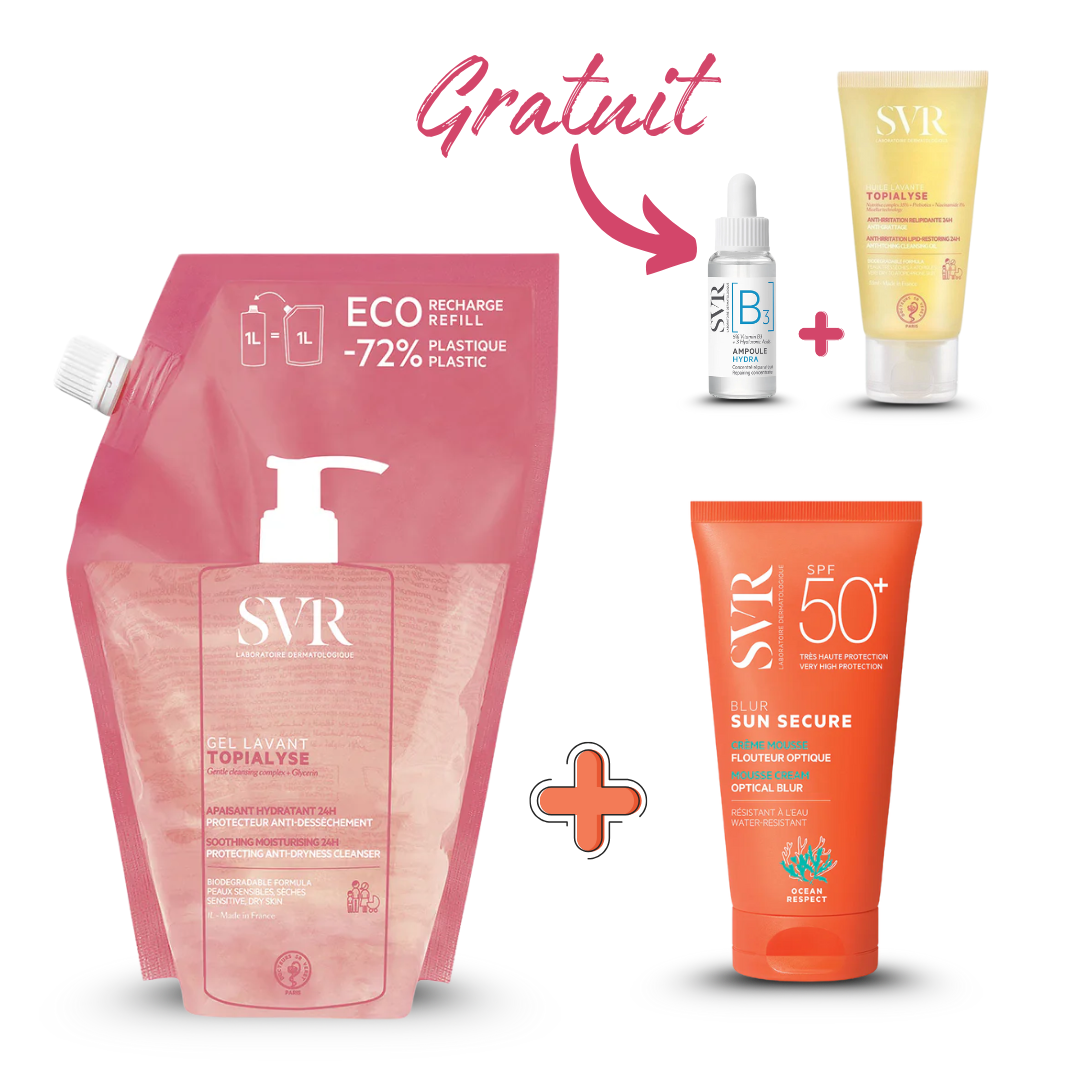 Photo du pack SVR complet disponible sur laparadulac.com : nettoyant 1L au choix (Topialyse gel ou huile lavante) + protection solaire SPF50+ SVR (Blur, teintée ou Sensifine AR) avec 2 cadeaux offerts. Vente parapharmacie en Tunisie, livraison express.