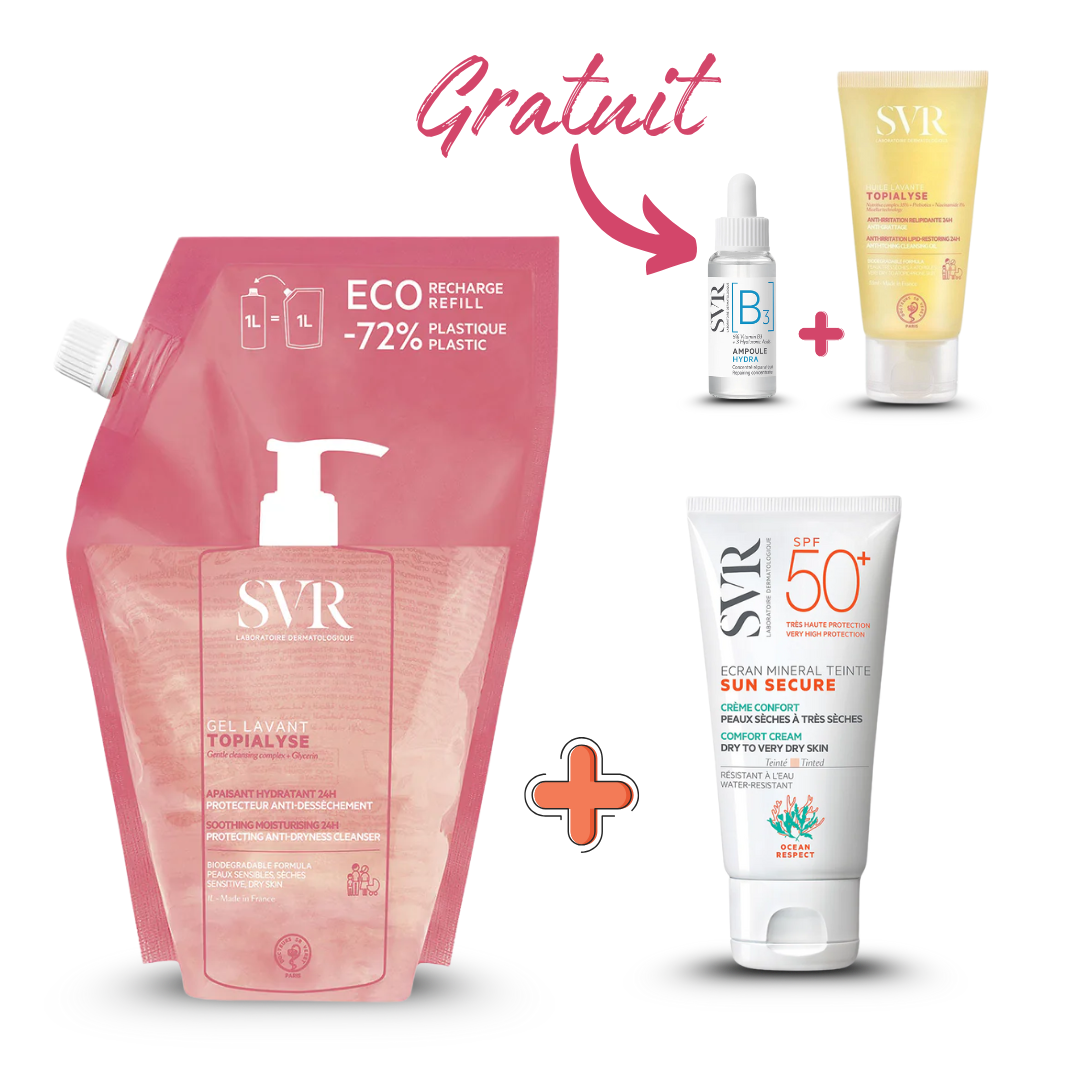 Photo du pack SVR complet disponible sur laparadulac.com : nettoyant 1L au choix (Topialyse gel ou huile lavante) + protection solaire SPF50+ SVR (Blur, teintée ou Sensifine AR) avec 2 cadeaux offerts. Vente parapharmacie en Tunisie, livraison express.