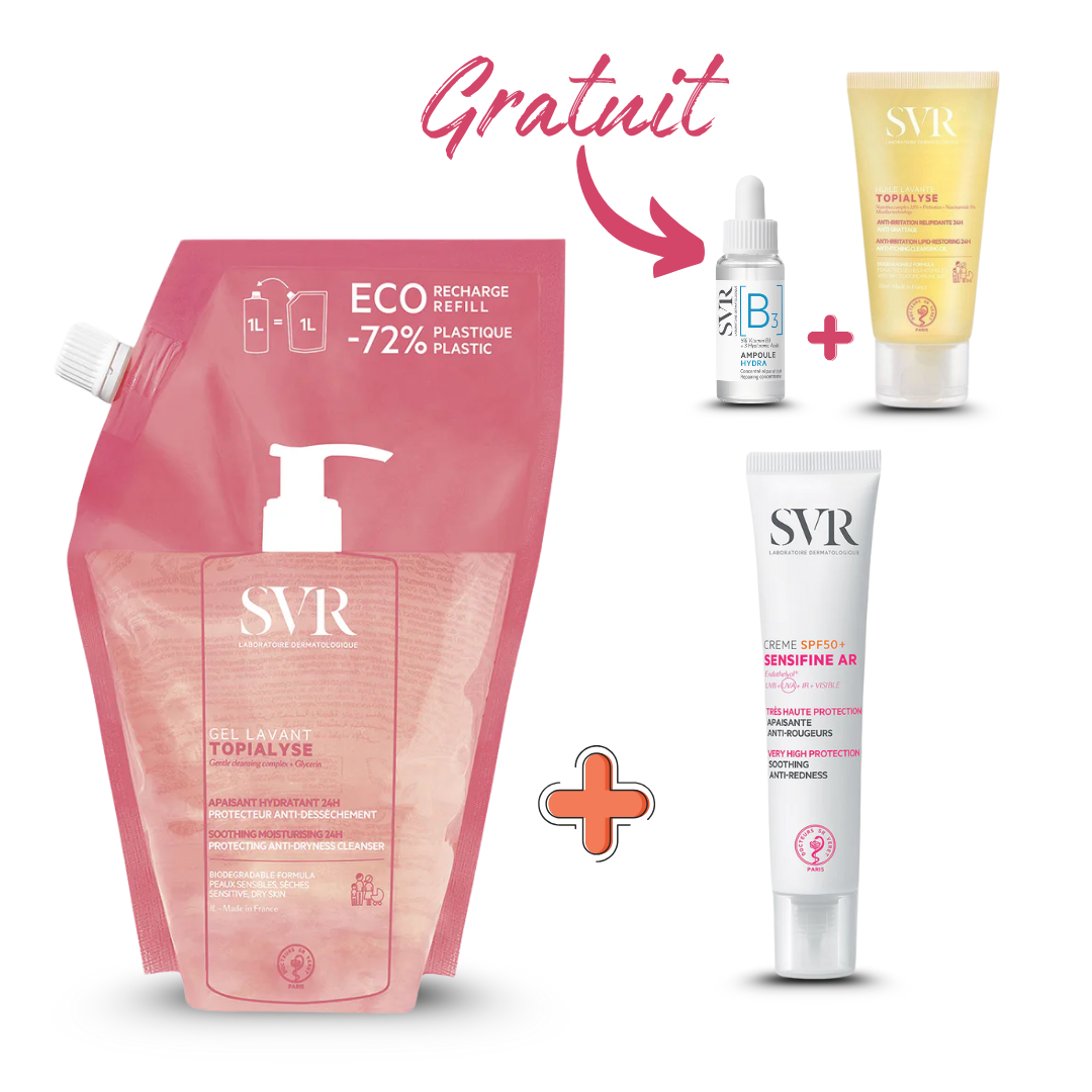 Photo du pack SVR complet disponible sur laparadulac.com : nettoyant 1L au choix (Topialyse gel ou huile lavante) + protection solaire SPF50+ SVR (Blur, teintée ou Sensifine AR) avec 2 cadeaux offerts. Vente parapharmacie en Tunisie, livraison express.