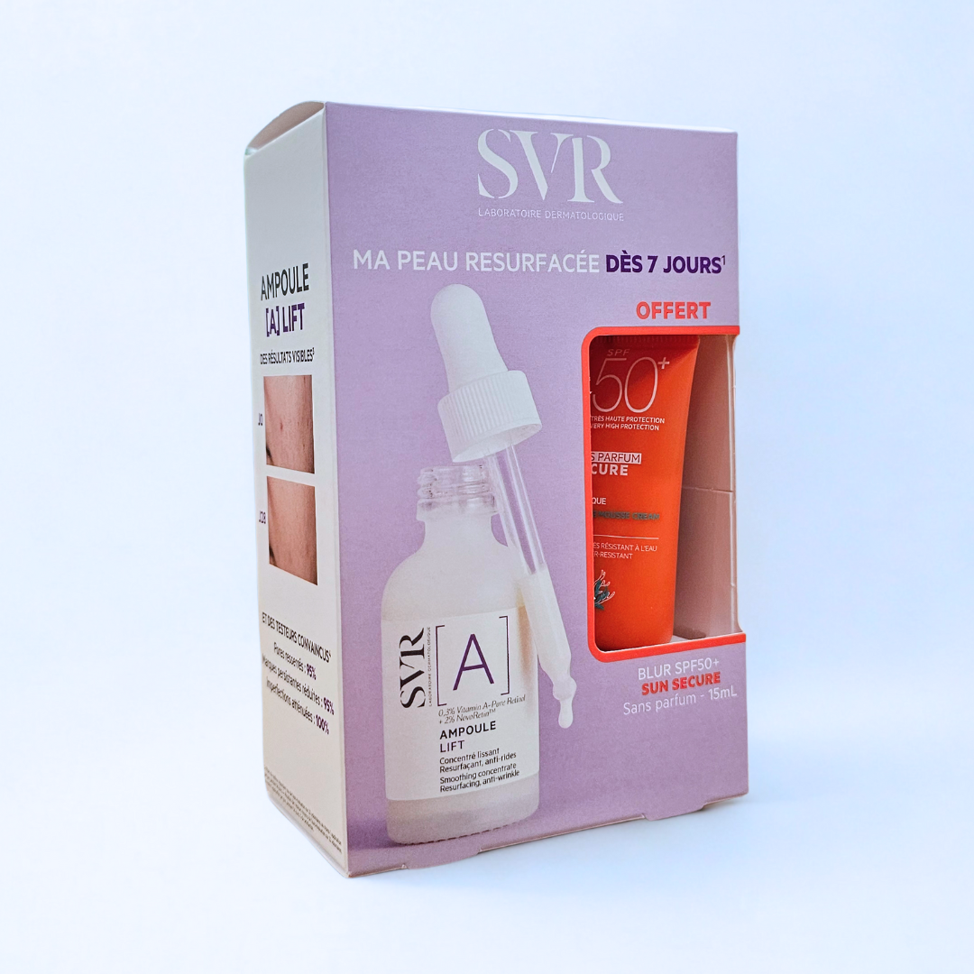 Coffret SVR anti-âge avec Ampoule A Lift + Blur Sans Parfum 15ml – soin lissant et protecteur. Achat en ligne sur laparadulac.com, top parapharmacie Tunisie.
