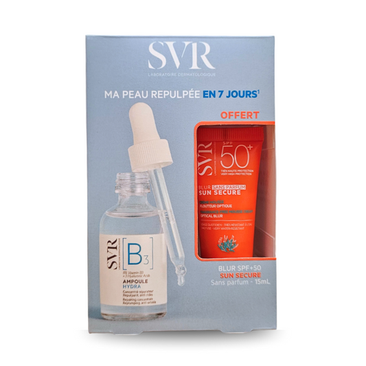 Coffret SVR Ampoule B Hydra + Blur sans parfum 15ml – hydratation intense et protection solaire. Sur laparadulac.com, parapharmacie N°1 en Tunisie.