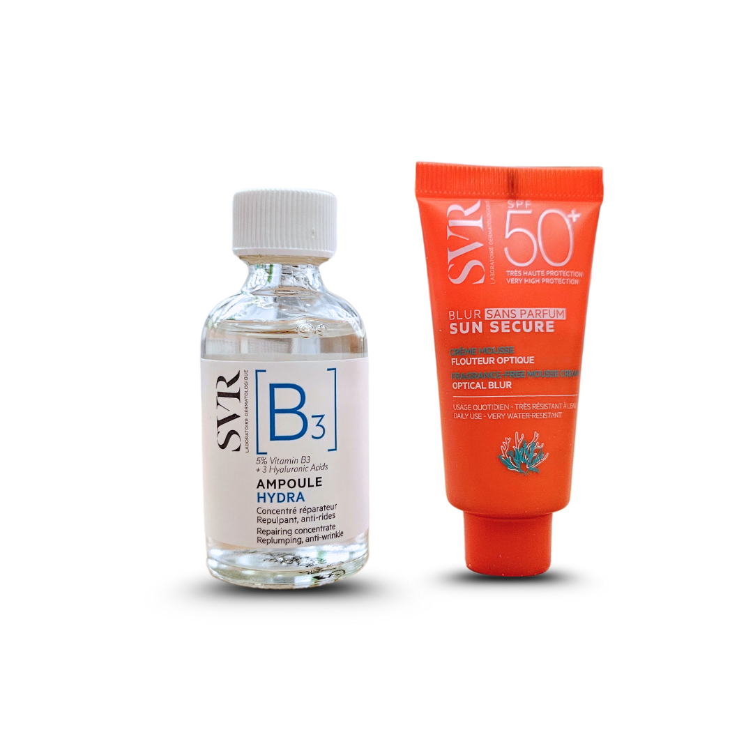 Coffret SVR Ampoule B Hydra + Blur sans parfum 15ml – hydratation intense et protection solaire. Sur laparadulac.com, parapharmacie N°1 en Tunisie.