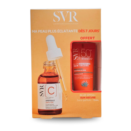 Coffret SVR Ampoule C Anti-Ox + Blur sans parfum 15ml – soin éclat antioxydant et protection solaire. Sur laparadulac.com, parapharmacie de référence en Tunisie.