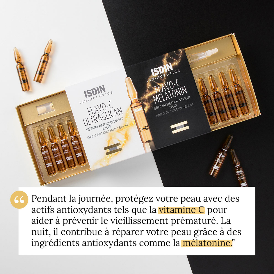 ISDIN ISDINCEUTICS Flavo-C Melatonin & Ultraglican 2x10 ampoules – Routine antioxydante jour/nuit – Disponible sur laparadulac.com – Laparadulac Parapharmacie Tunisie.